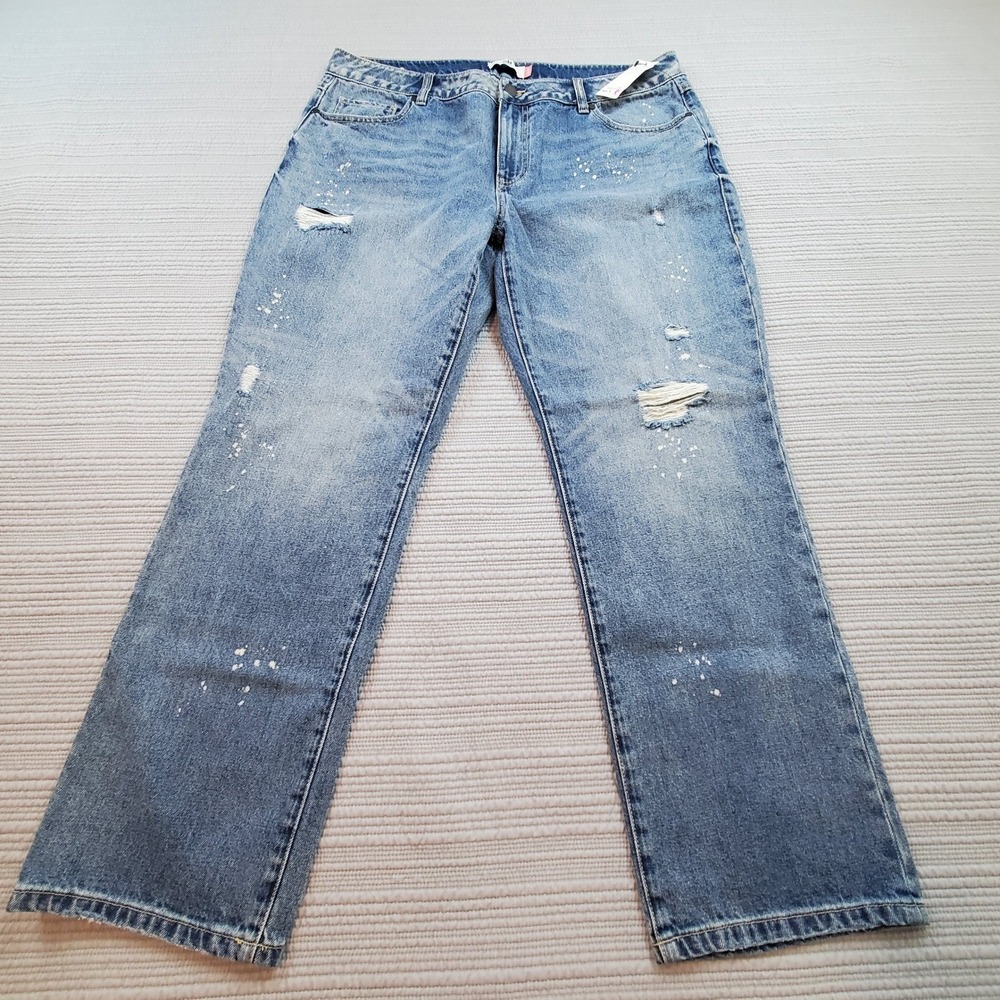 Cabi Craftsman Washed Boyfriend Jeans Light Blue Wash Distressed Splatter 16
